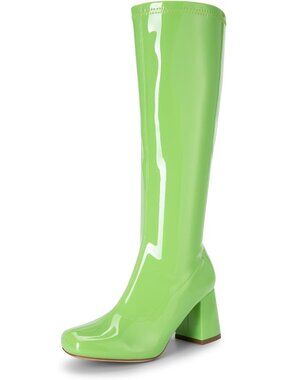 Women's Green Leather Gogo Boots Square Toe Chunky Wide Calf Knee High Boots
